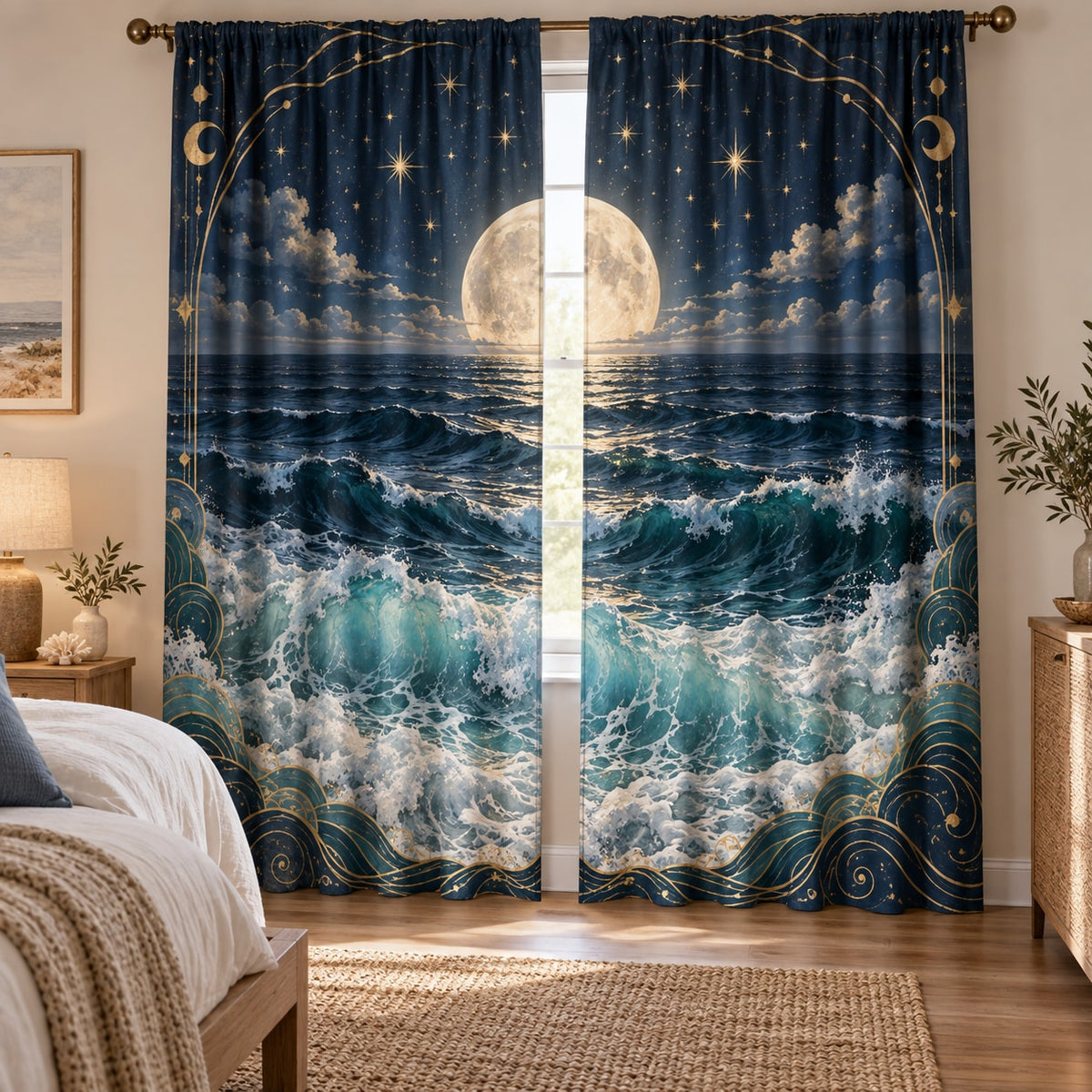 Celestial Ocean Tide Window Curtain Pair with dimensional printed themed artwork; representative AI-generated mockup.