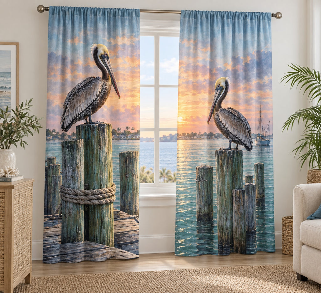 Pelican Dock Window Curtain Pair with dimensional printed themed artwork; representative AI-generated mockup.