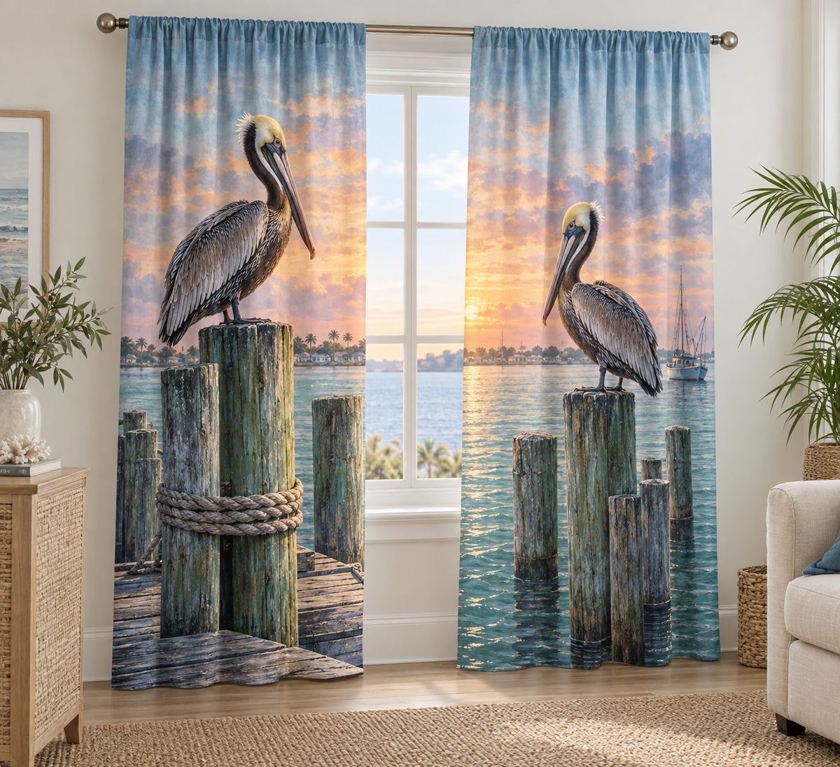 Pelican Dock Window Curtain Pair with dimensional printed themed artwork; representative AI-generated mockup.