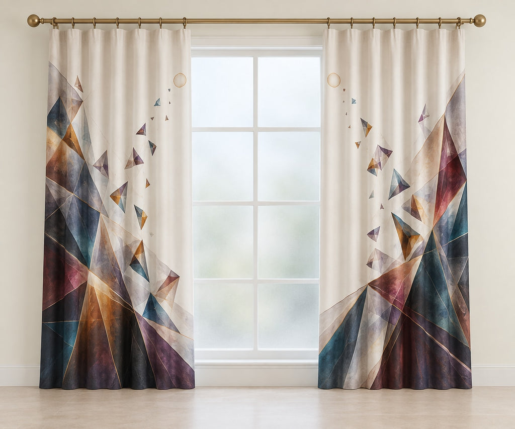 Lumen Parallax Field Window Curtain Pair with dimensional printed themed artwork; representative AI-generated mockup.