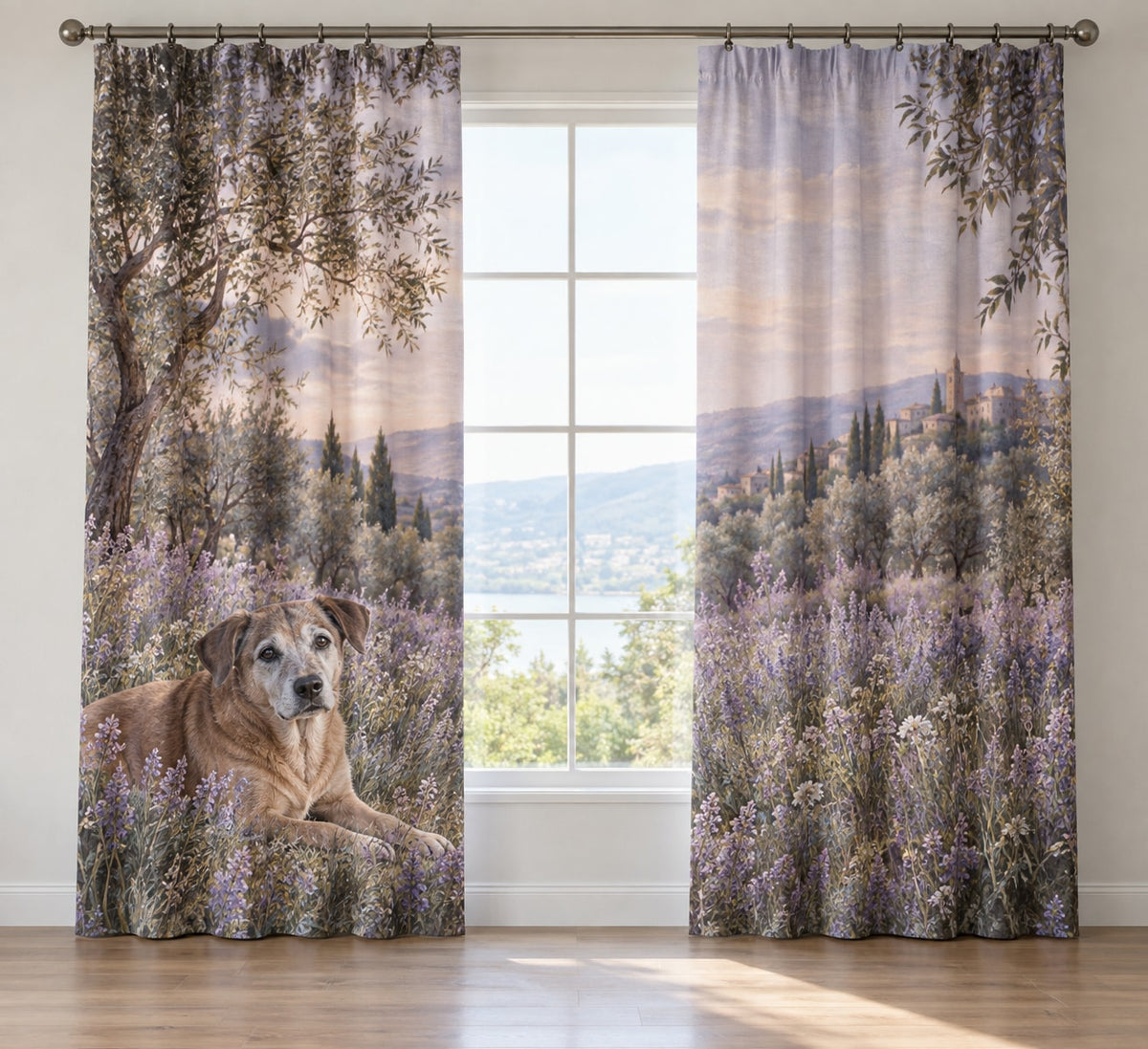 Senior Dog Companion Window Curtain Pair with dimensional printed themed artwork; representative AI-generated mockup.