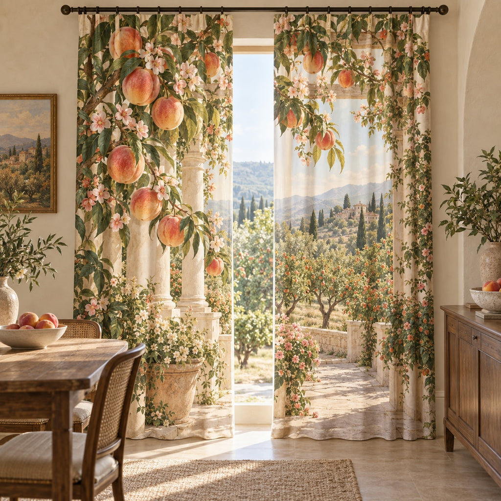 Peach Orchard Window Curtain Pair with dimensional printed themed artwork; representative AI-generated mockup.