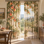 Peach Orchard Window Curtain Pair with dimensional printed themed artwork; representative AI-generated mockup.