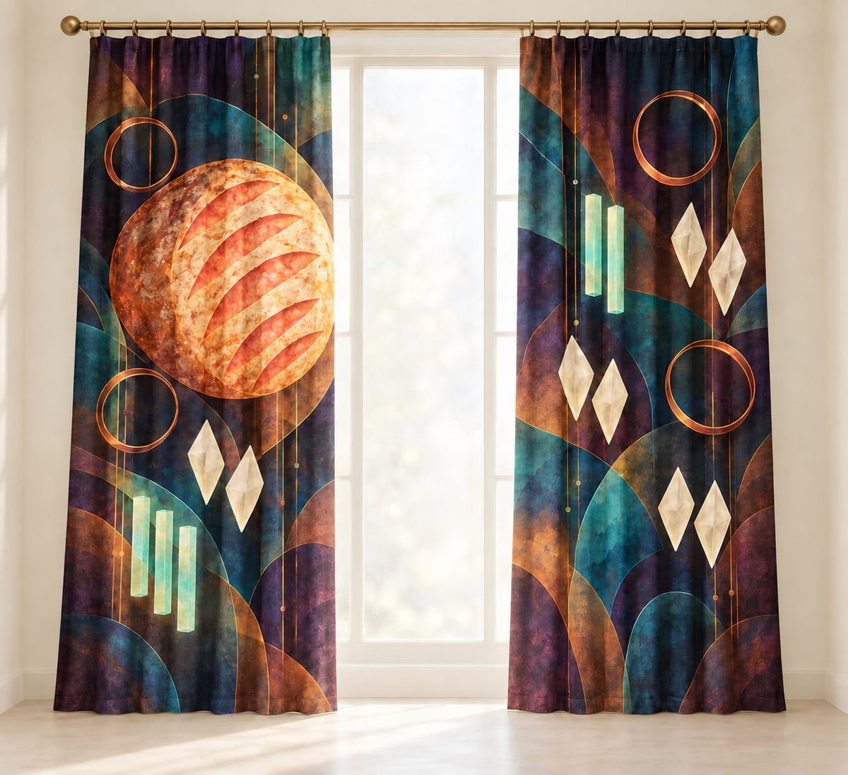 Crumb Lantern Fermentation Window Curtain Pair with dimensional printed themed artwork; representative AI-generated mockup.