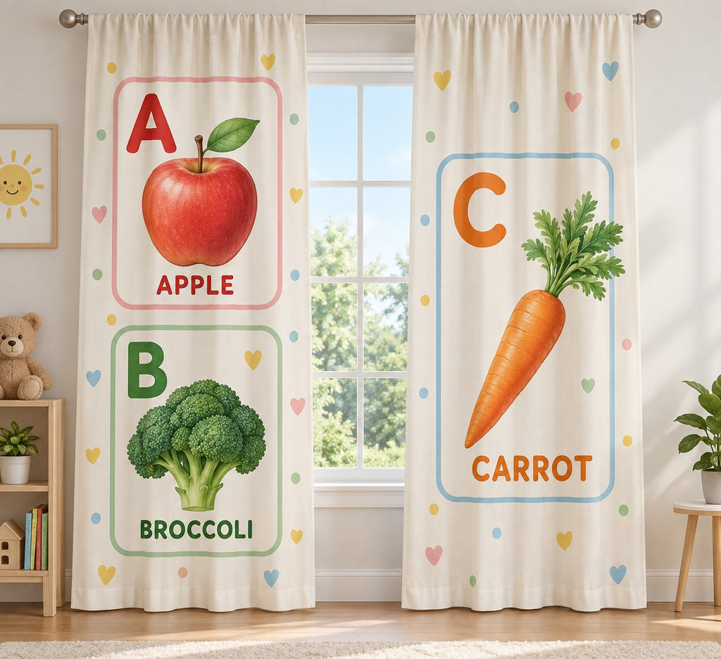 Fruit and Vegetable Alphabet Window Curtain Pair with dimensional printed themed artwork; representative AI-generated mockup.