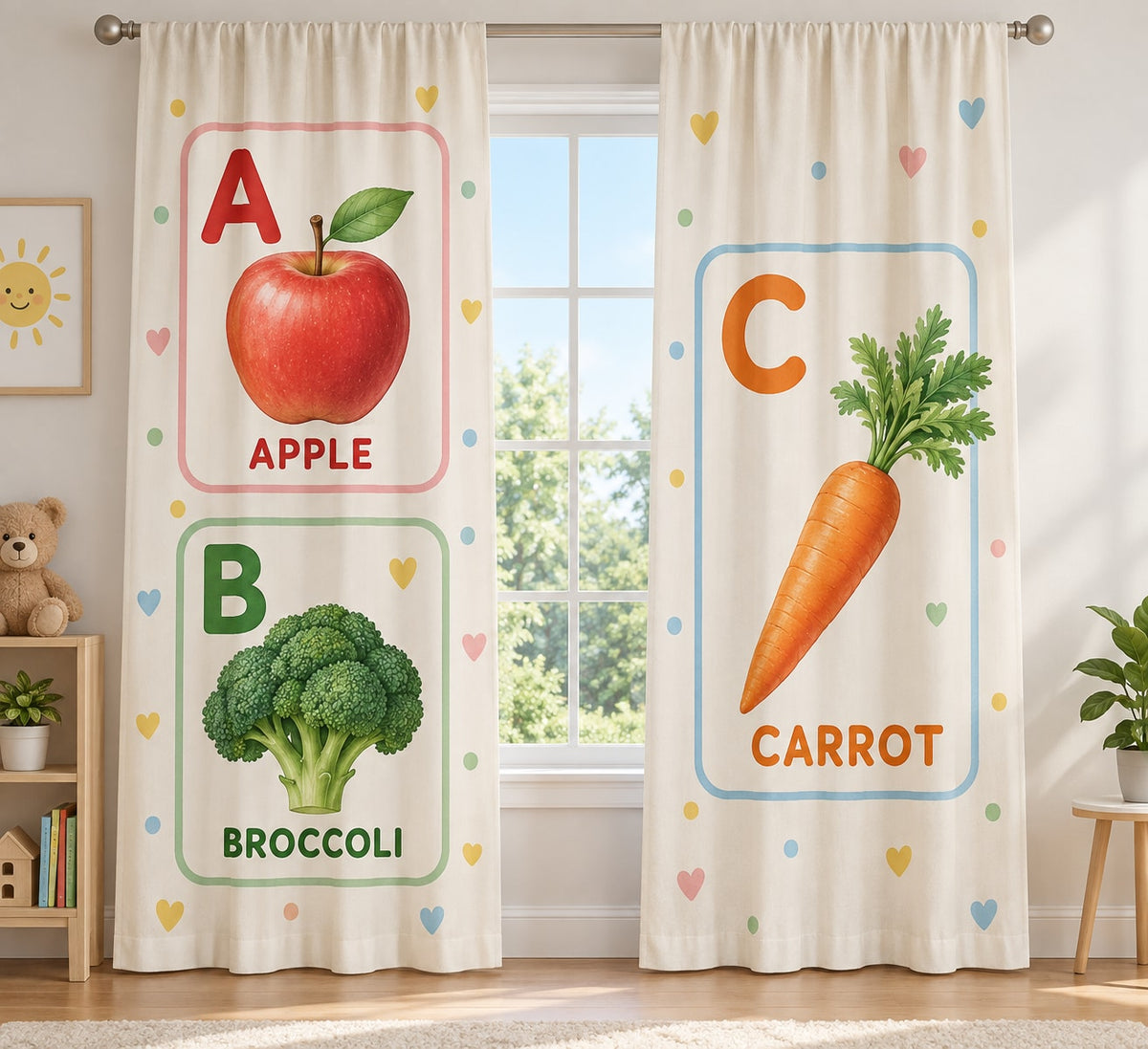 Fruit and Vegetable Alphabet Window Curtain Pair with dimensional printed themed artwork; representative AI-generated mockup.