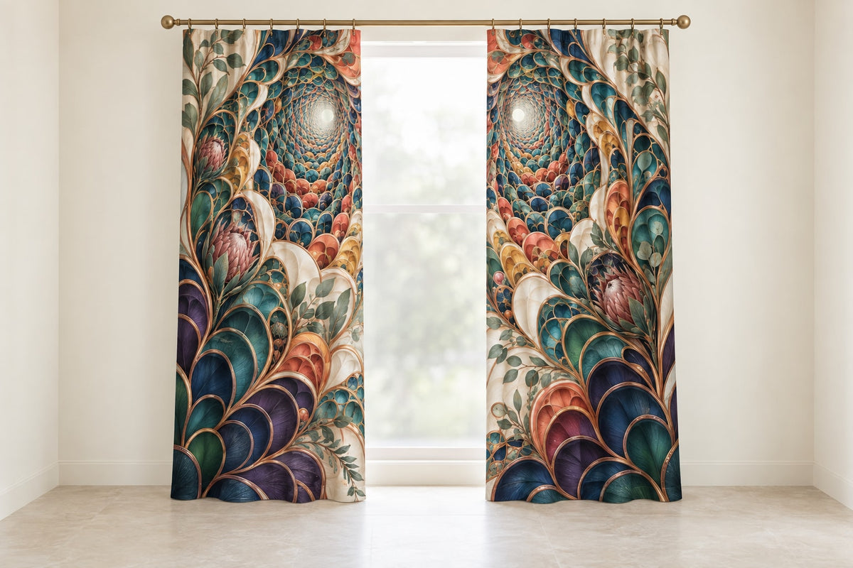Loopflower Lattice Atrium Window Curtain Pair with dimensional printed themed artwork; representative AI-generated mockup.