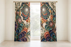 Loopflower Lattice Atrium Window Curtain Pair with dimensional printed themed artwork; representative AI-generated mockup.