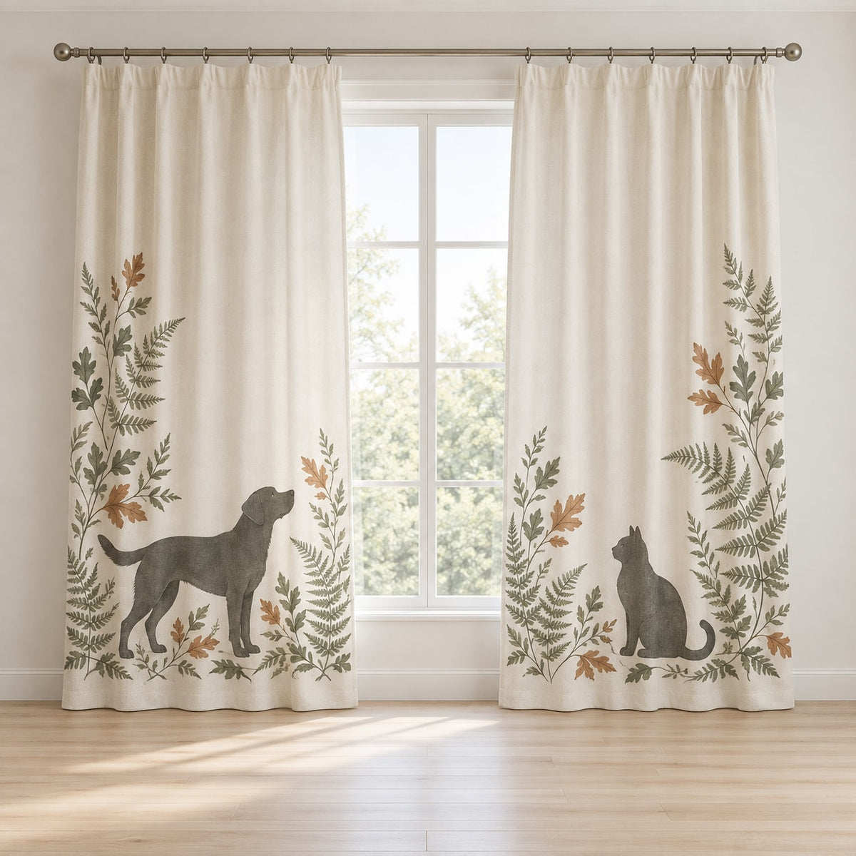 Woodland Pet Silhouette Window Curtain Pair with dimensional printed themed artwork; representative AI-generated mockup.