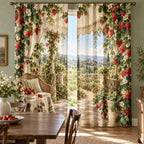 Strawberry Picnic Window Curtain Pair with dimensional printed themed artwork; representative AI-generated mockup.