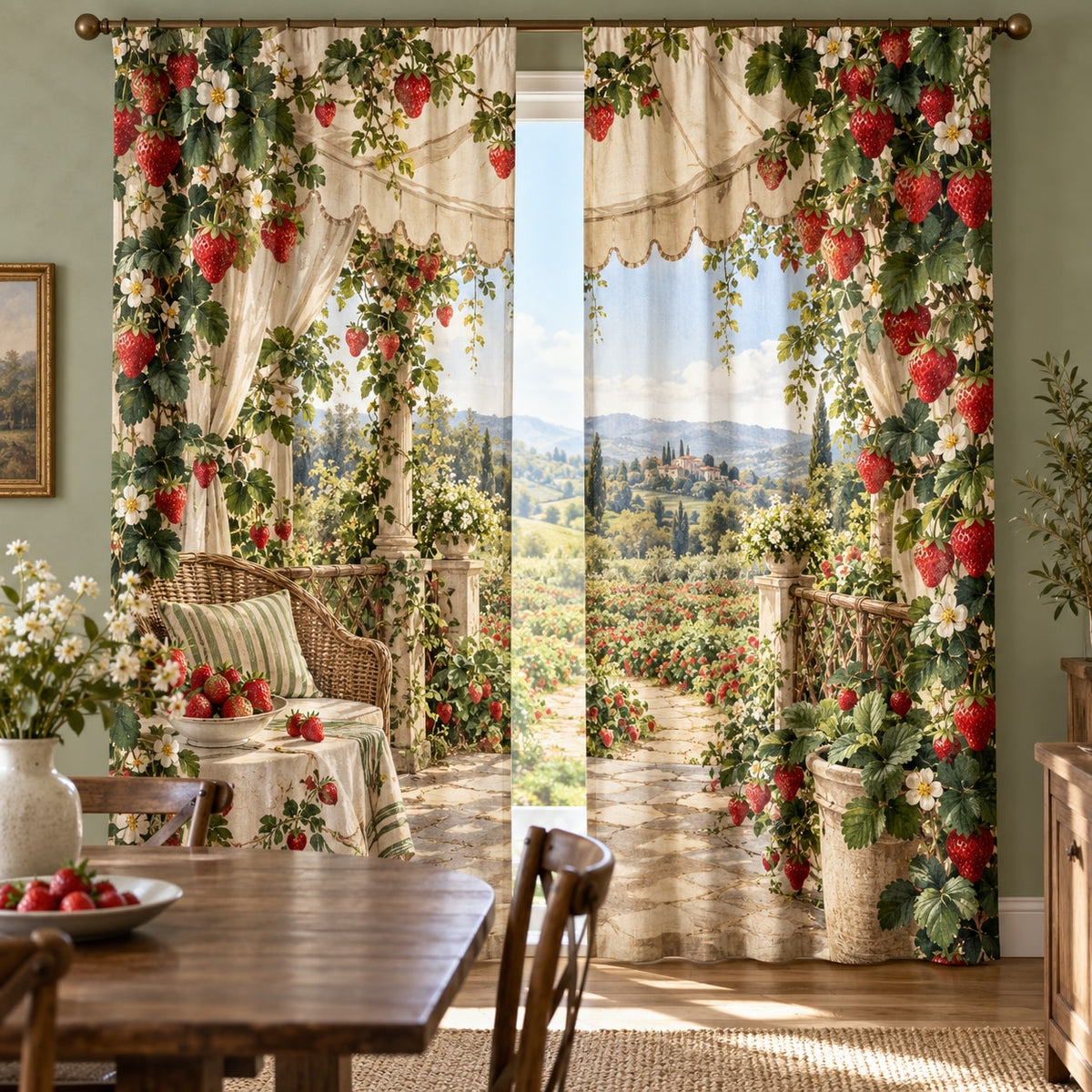 Strawberry Picnic Window Curtain Pair with dimensional printed themed artwork; representative AI-generated mockup.
