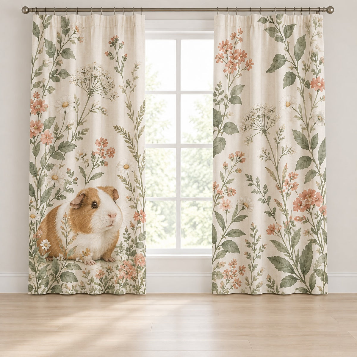 Guinea Pig Companion Window Curtain Pair with dimensional printed themed artwork; representative AI-generated mockup.