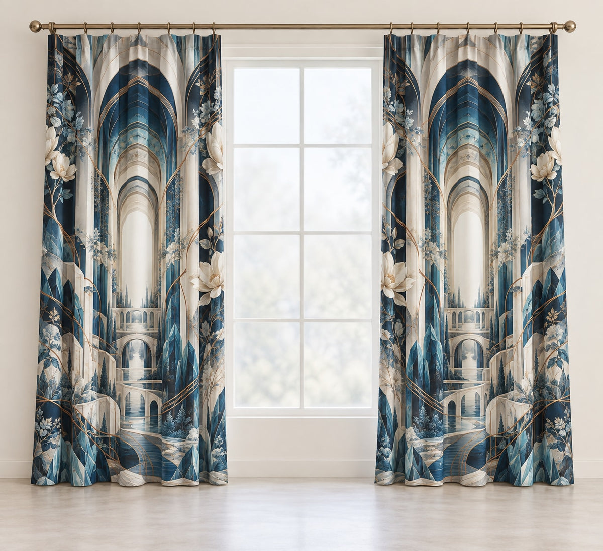 Structural Horizon Atrium Window Curtain Pair with dimensional printed themed artwork; representative AI-generated mockup.