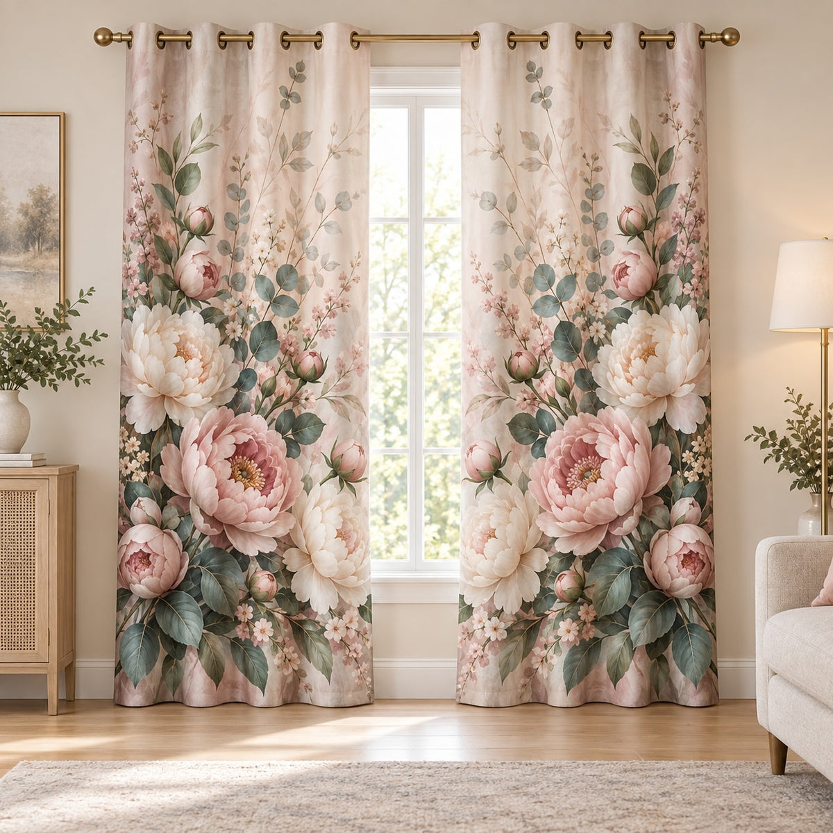 Peony Bouquet Window Curtain Pair with dimensional printed themed artwork; representative AI-generated mockup.