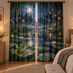Enchanted Frog Pond Window Curtain Pair with dimensional printed themed artwork; representative AI-generated mockup.