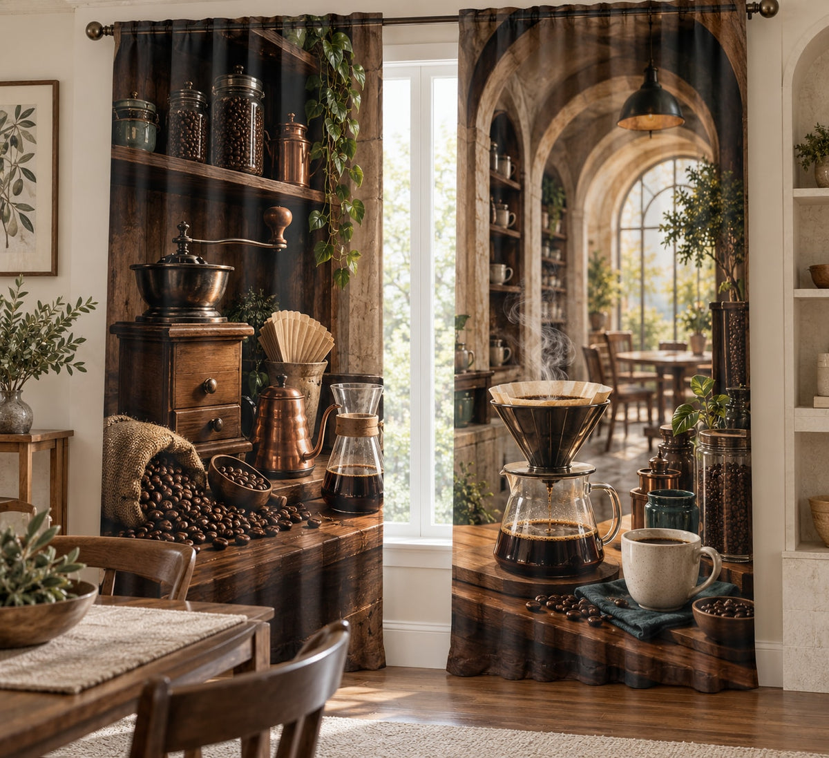 Coffee Brewing Tools Window Curtain Pair with dimensional printed themed artwork; representative AI-generated mockup.