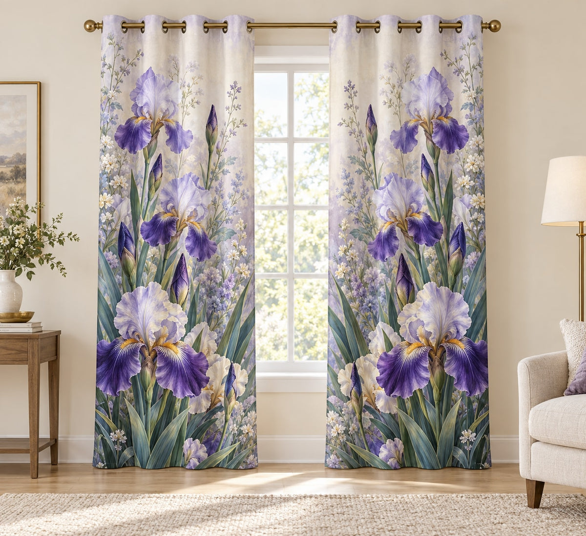 Iris Garden Window Curtain Pair with dimensional printed themed artwork; representative AI-generated mockup.