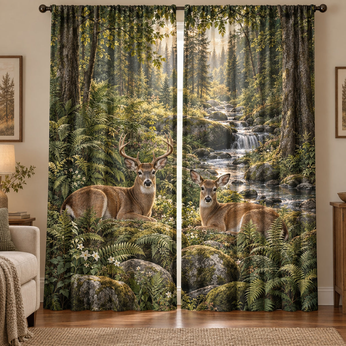 Deer and Ferns Window Curtain Pair with dimensional printed themed artwork; representative AI-generated mockup.