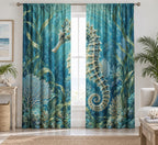 Seahorse Sea Grass Window Curtain Pair with dimensional printed themed artwork; representative AI-generated mockup.