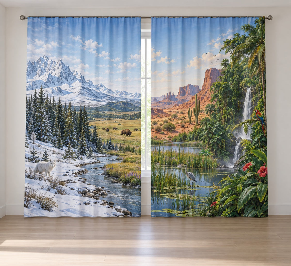 World Biomes Window Curtain Pair with dimensional printed themed artwork; representative AI-generated mockup.