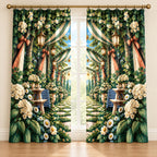 Reunion Picnic Grove Window Curtain Pair with dimensional printed themed artwork; representative AI-generated mockup.