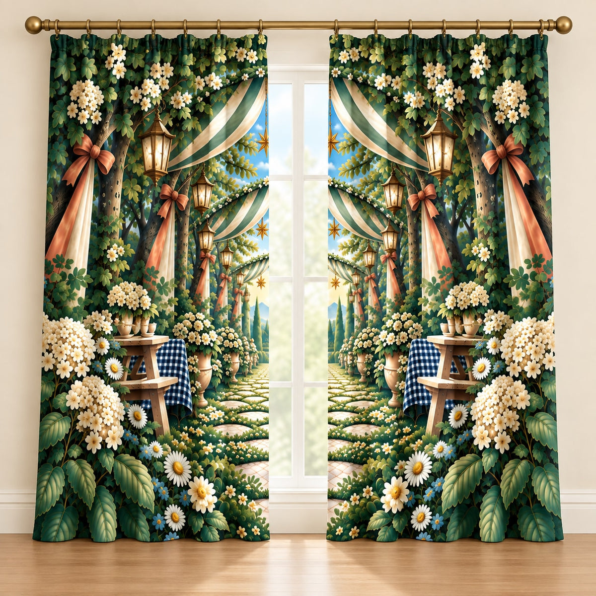 Reunion Picnic Grove Window Curtain Pair with dimensional printed themed artwork; representative AI-generated mockup.