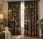 Cat in a Bookshop Window Curtain Pair with dimensional printed themed artwork; representative AI-generated mockup.