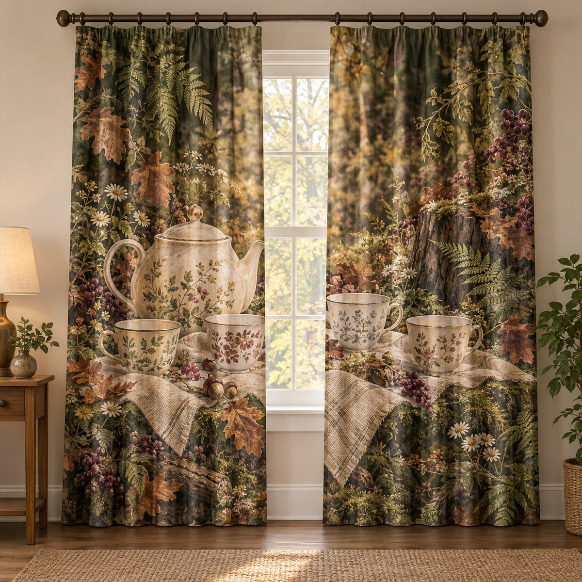 Woodland Tea Picnic Window Curtain Pair with dimensional printed themed artwork; representative AI-generated mockup.