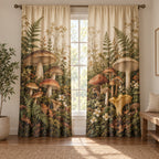 Mushroom Field Journal Window Curtain Pair with dimensional printed themed artwork; representative AI-generated mockup.