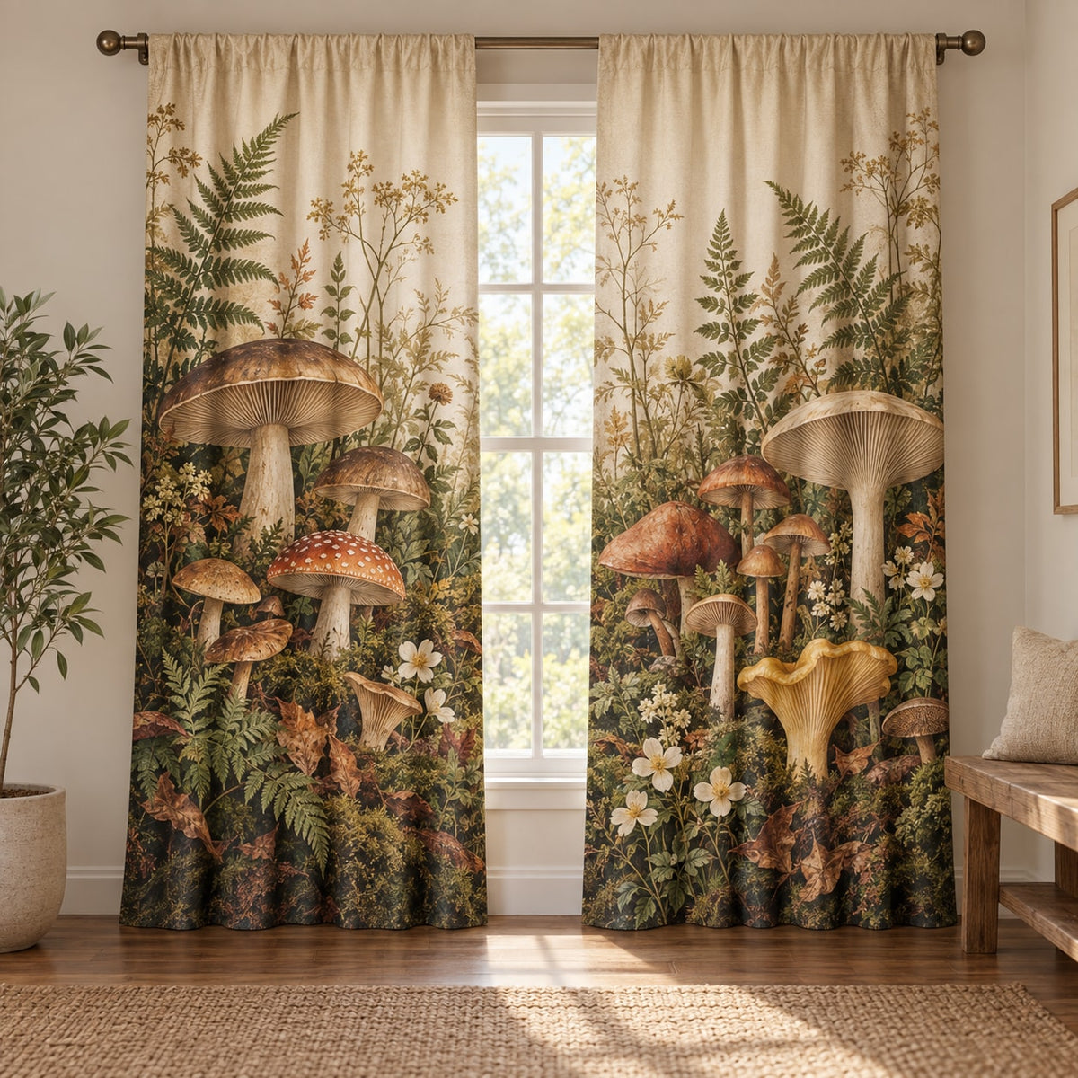 Mushroom Field Journal Window Curtain Pair with dimensional printed themed artwork; representative AI-generated mockup.