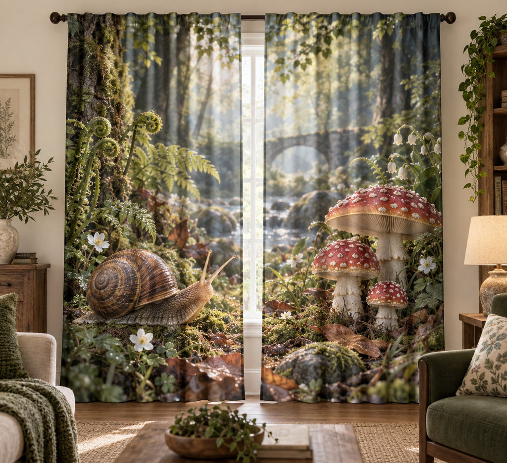 Snail and Toadstool Window Curtain Pair with dimensional printed themed artwork; representative AI-generated mockup.