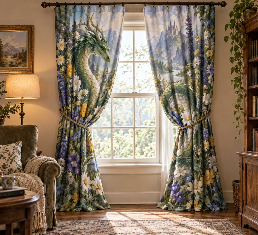 Dragon and Wildflowers Window Curtain Pair with dimensional printed themed artwork; representative AI-generated mockup.