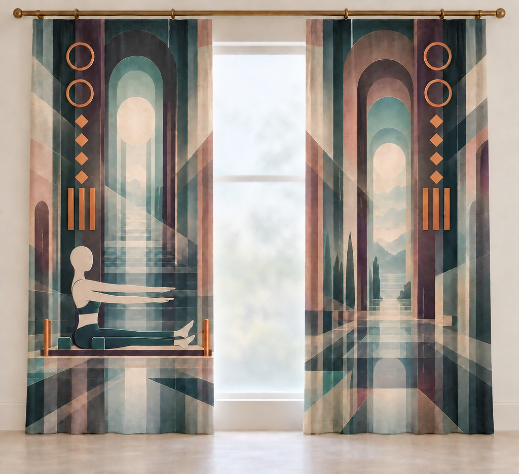 Coreline Carriage Lattice Window Curtain Pair with dimensional printed themed artwork; representative AI-generated mockup.