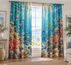 Reef Fish School Window Curtain Pair with dimensional printed themed artwork; representative AI-generated mockup.