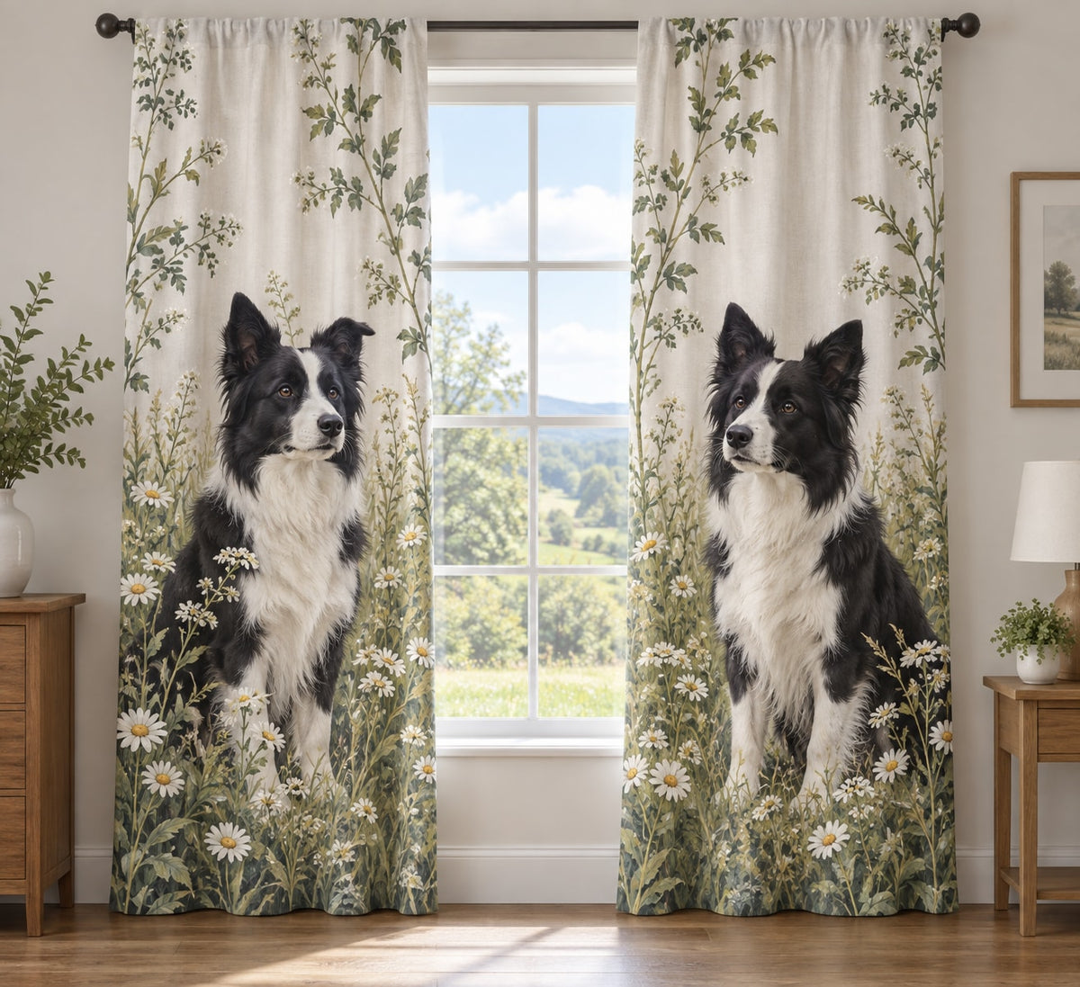 Border Collie Window Curtain Pair with dimensional printed themed artwork; representative AI-generated mockup.