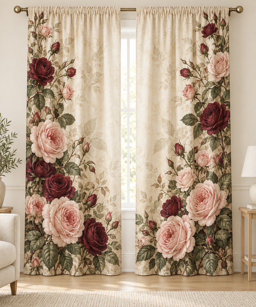Rose Herbarium Window Curtain Pair with dimensional printed themed artwork; representative AI-generated mockup.