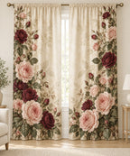Rose Herbarium Window Curtain Pair with dimensional printed themed artwork; representative AI-generated mockup.