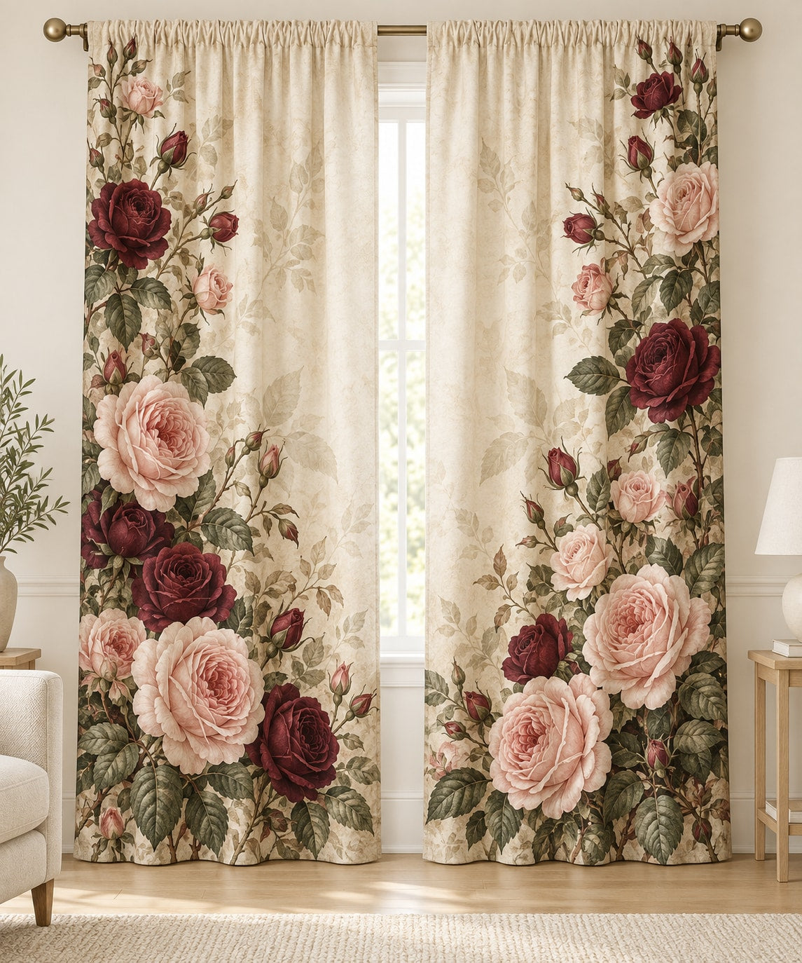 Rose Herbarium Window Curtain Pair with dimensional printed themed artwork; representative AI-generated mockup.