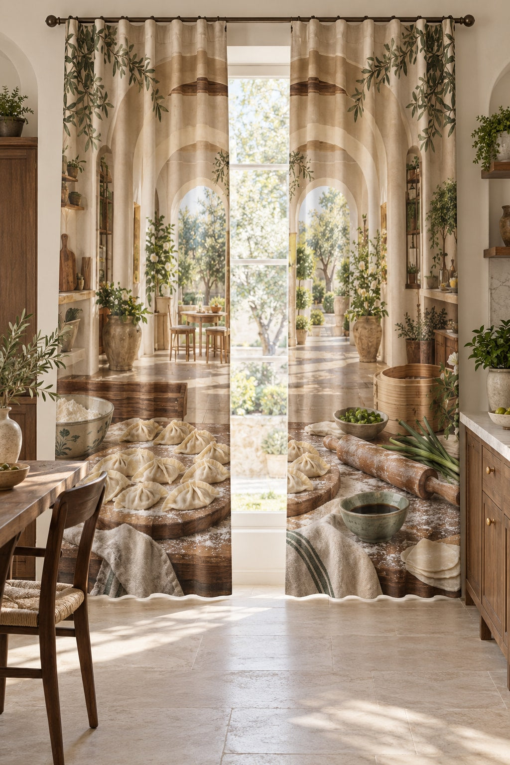 Dumpling Making Window Curtain Pair with dimensional printed themed artwork; representative AI-generated mockup.