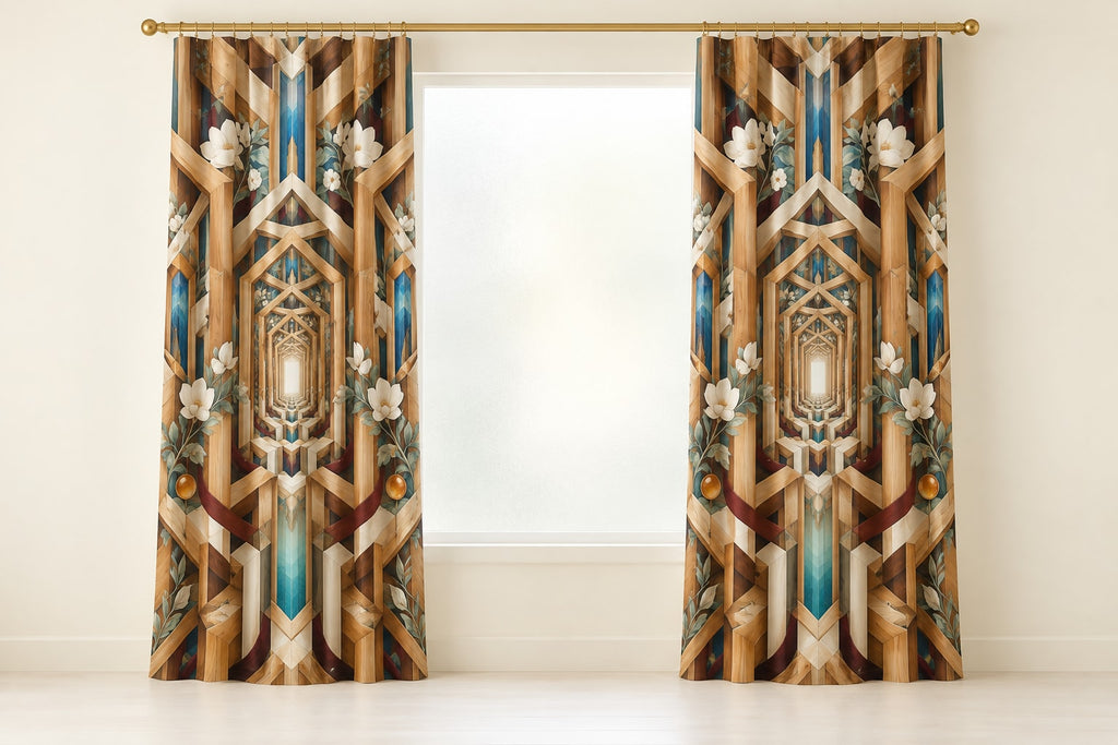 Timber Joinery Atrium Window Curtain Pair with dimensional printed themed artwork; representative AI-generated mockup.