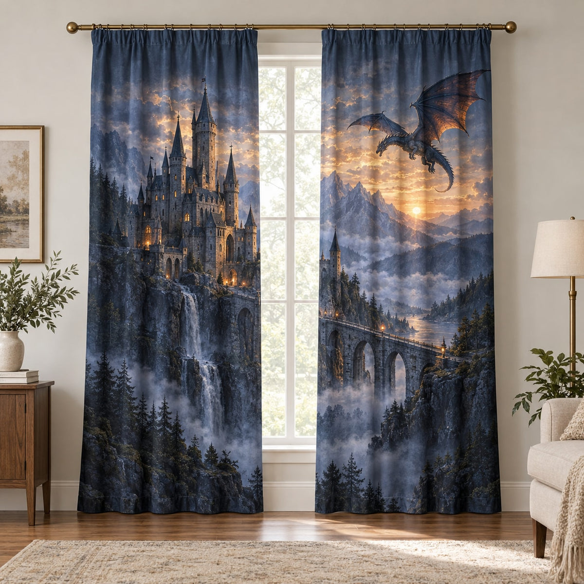 Dragon Castle Window Curtain Pair with dimensional printed themed artwork; representative AI-generated mockup.