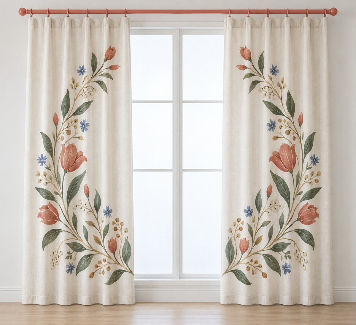 Folk Floral Wedding Wreath Window Curtain Pair with dimensional printed themed artwork; representative AI-generated mockup.