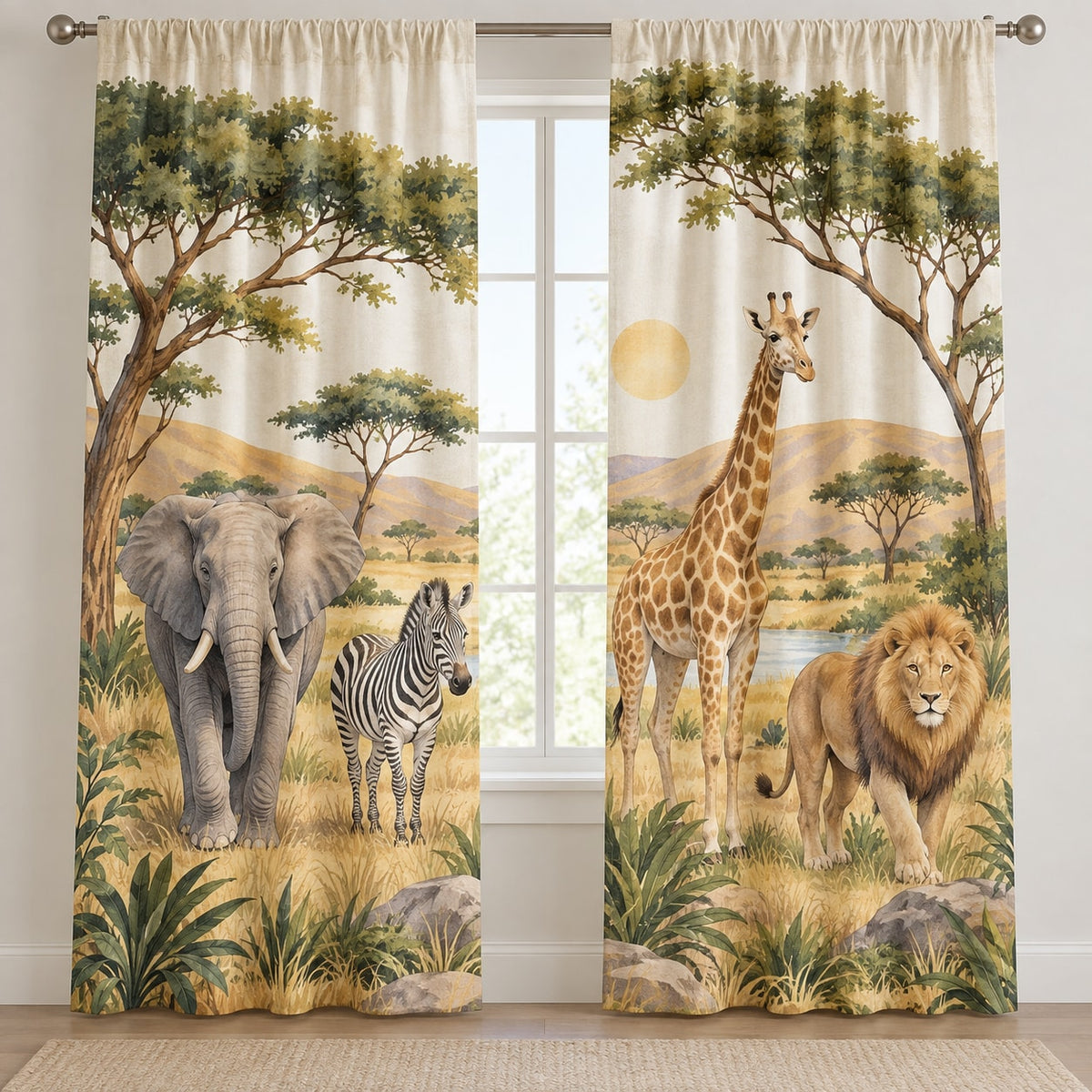 Safari Animal Parade Window Curtain Pair with dimensional printed themed artwork; representative AI-generated mockup.