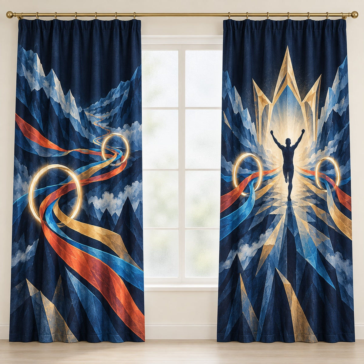 Cadence Crown Convergence Window Curtain Pair with dimensional printed themed artwork; representative AI-generated mockup.