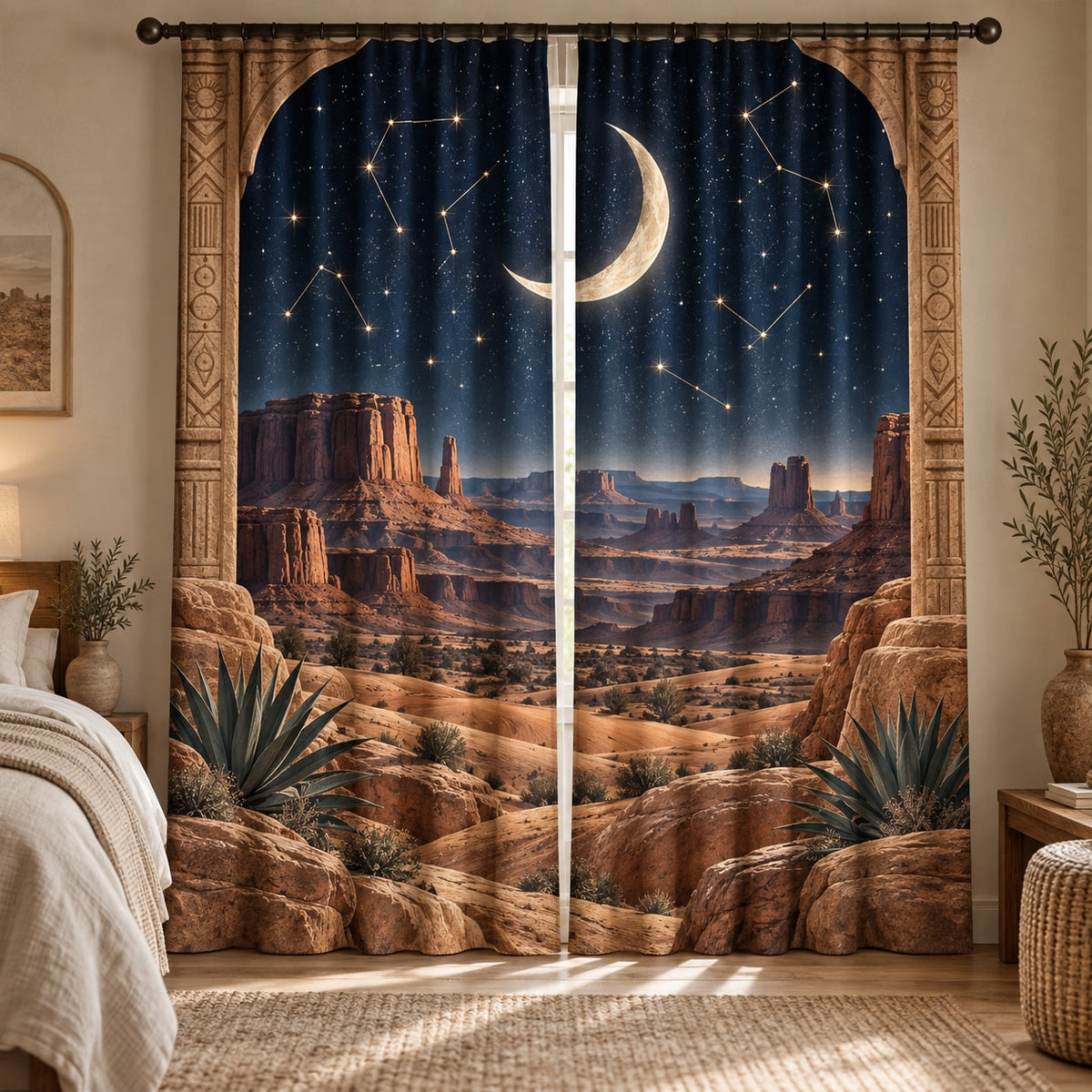 Desert Night Sky Window Curtain Pair with dimensional printed themed artwork; representative AI-generated mockup.
