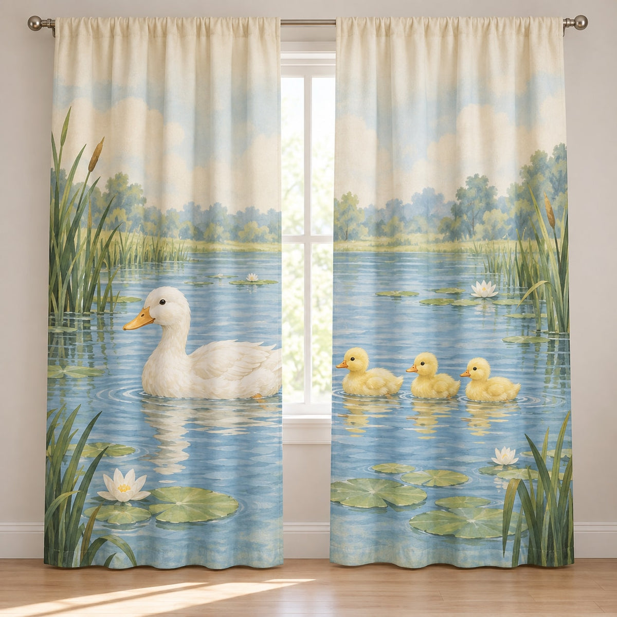 Duck Pond Friends Window Curtain Pair with dimensional printed themed artwork; representative AI-generated mockup.