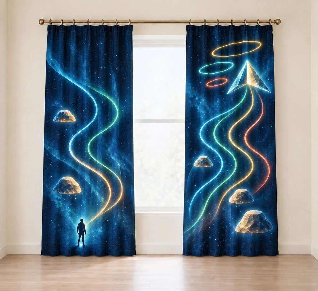 Aurora Cairn Ascension Window Curtain Pair with dimensional printed themed artwork; representative AI-generated mockup.