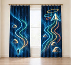 Aurora Cairn Ascension Window Curtain Pair with dimensional printed themed artwork; representative AI-generated mockup.
