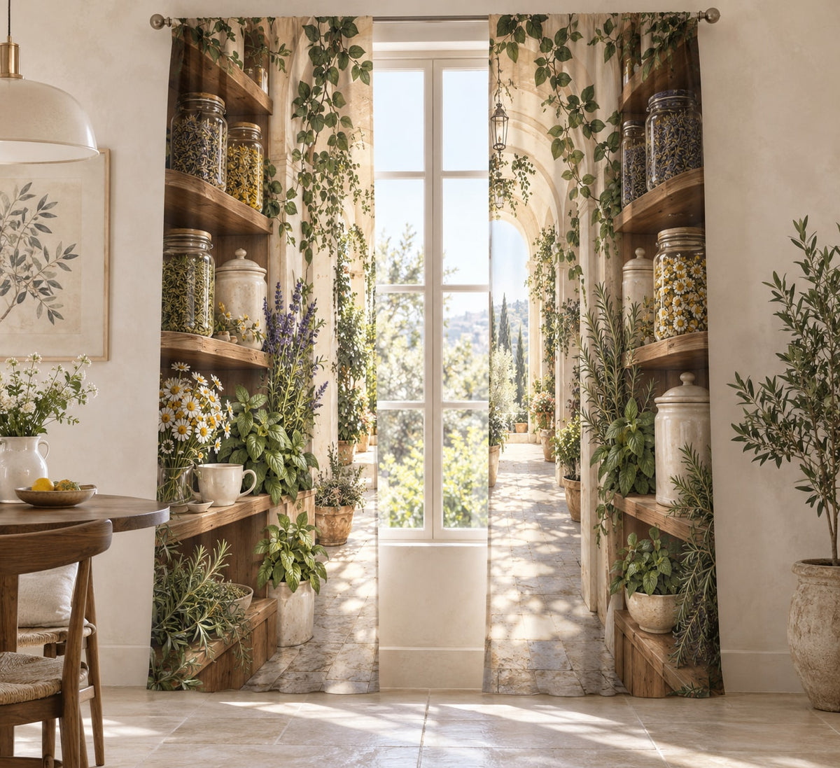 Herbal Tea Shelf Window Curtain Pair with dimensional printed themed artwork; representative AI-generated mockup.