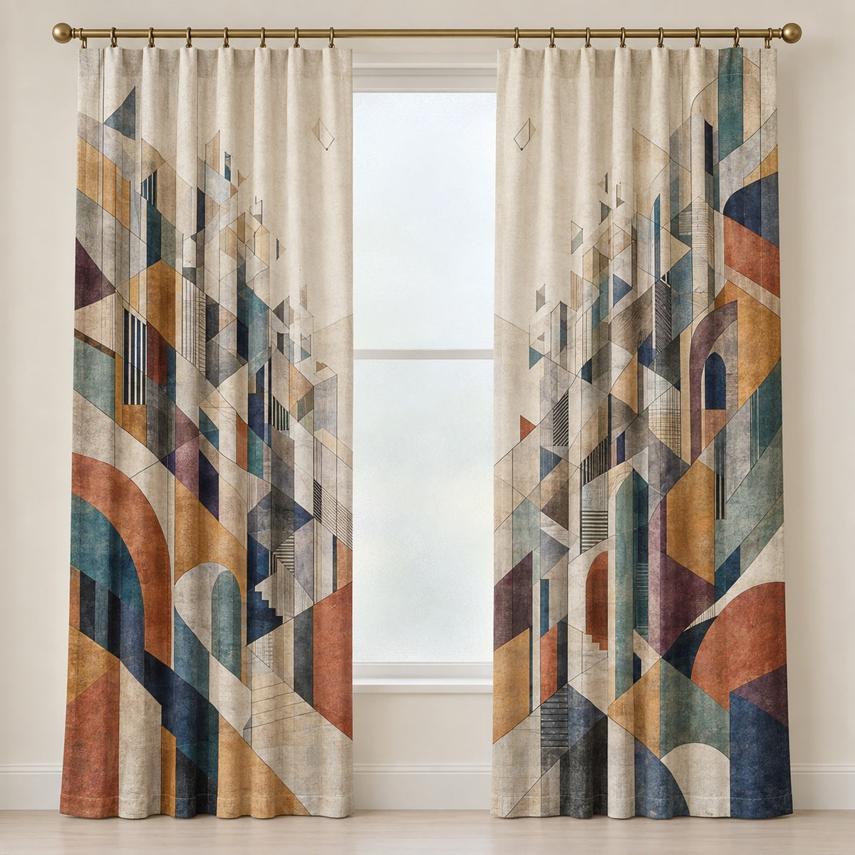 Inkline Cityfold Window Curtain Pair with dimensional printed themed artwork; representative AI-generated mockup.